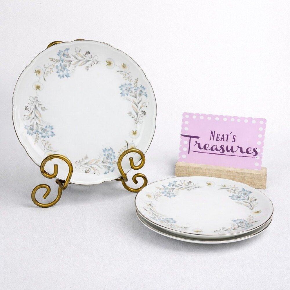 50's Kyoto Fine China RUTLAND 8521 Blue Gray Florals Scalloped Salad Plate Set 3